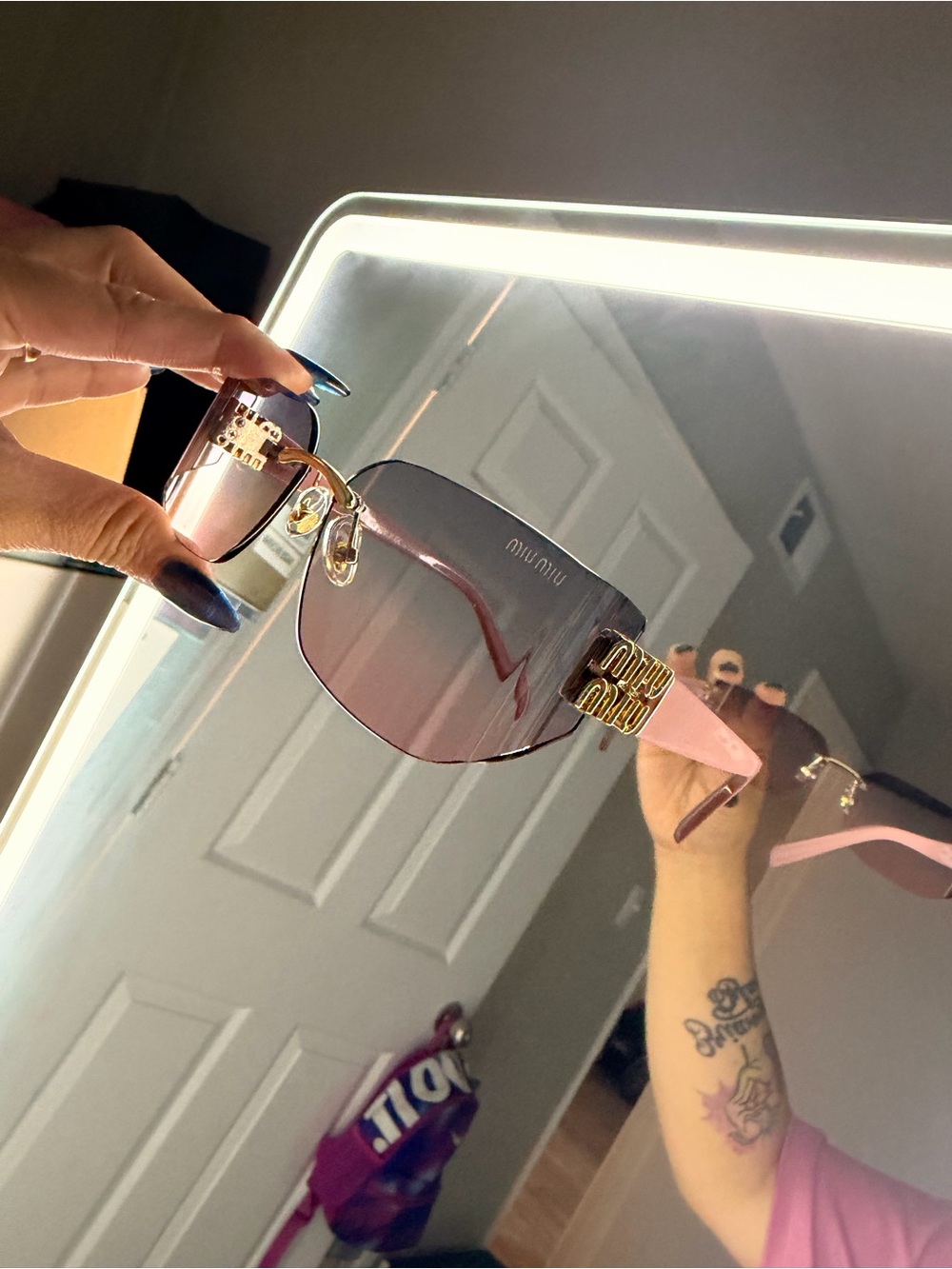 Miu Miu Pink Gradient Rimless Sunglasses with Gold Logo Temples